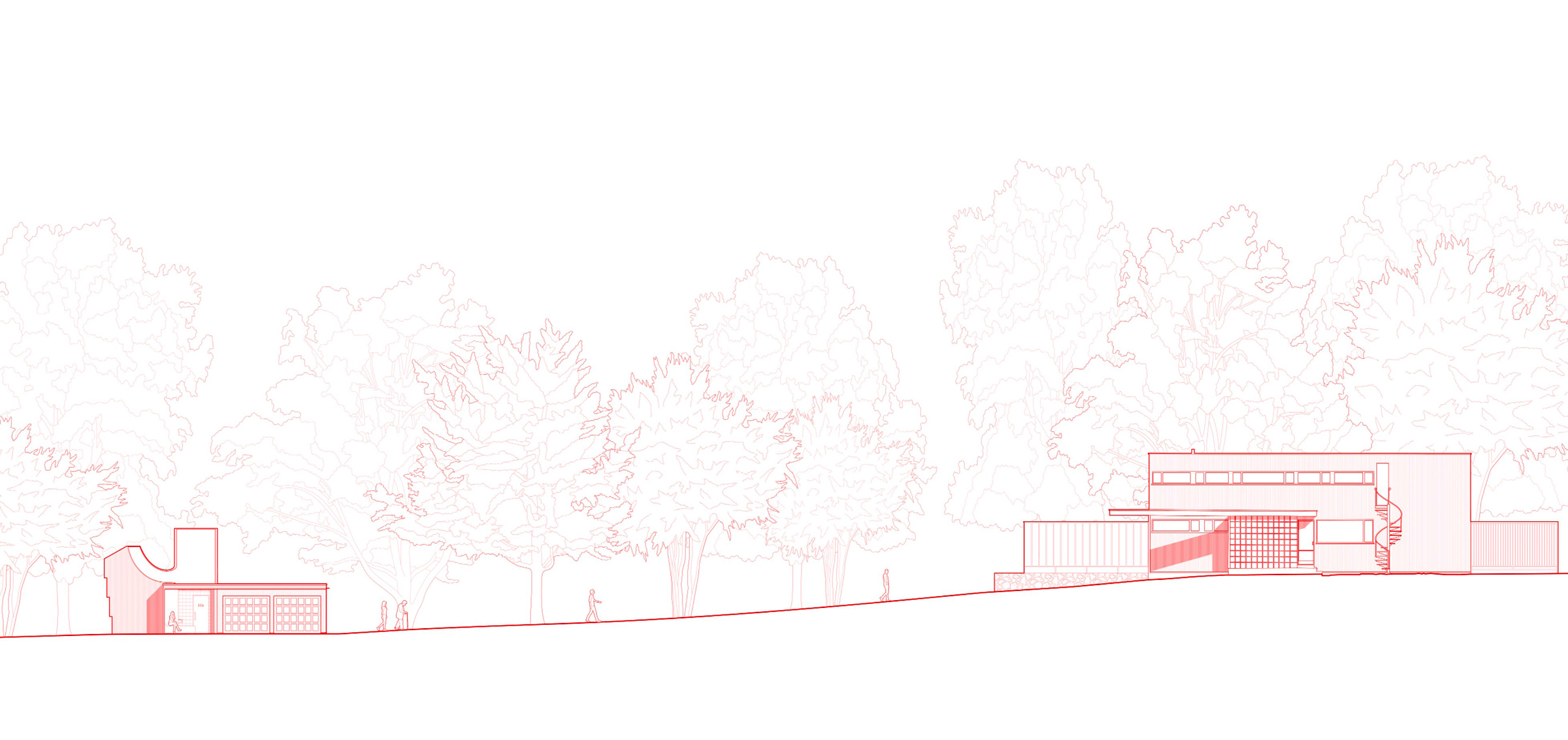 Site section showing the Gropius House Bathroom between the visitor center and forest landscape.