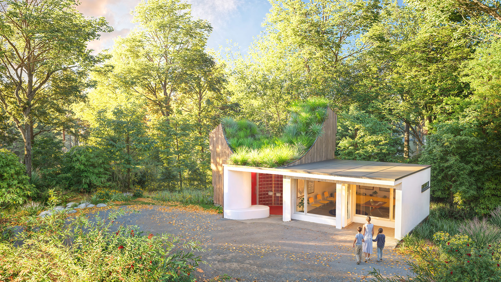 Aerial rendering of the Gropius House Bathroom extending into the surrounding forest landscape.
