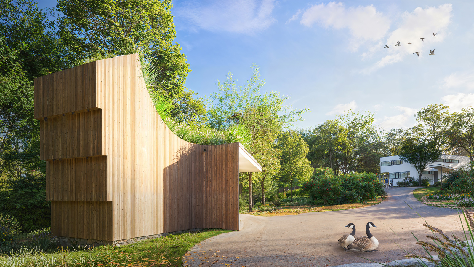 Arrival rendering showing the Gropius House Bathroom welcoming visitors to the estate.