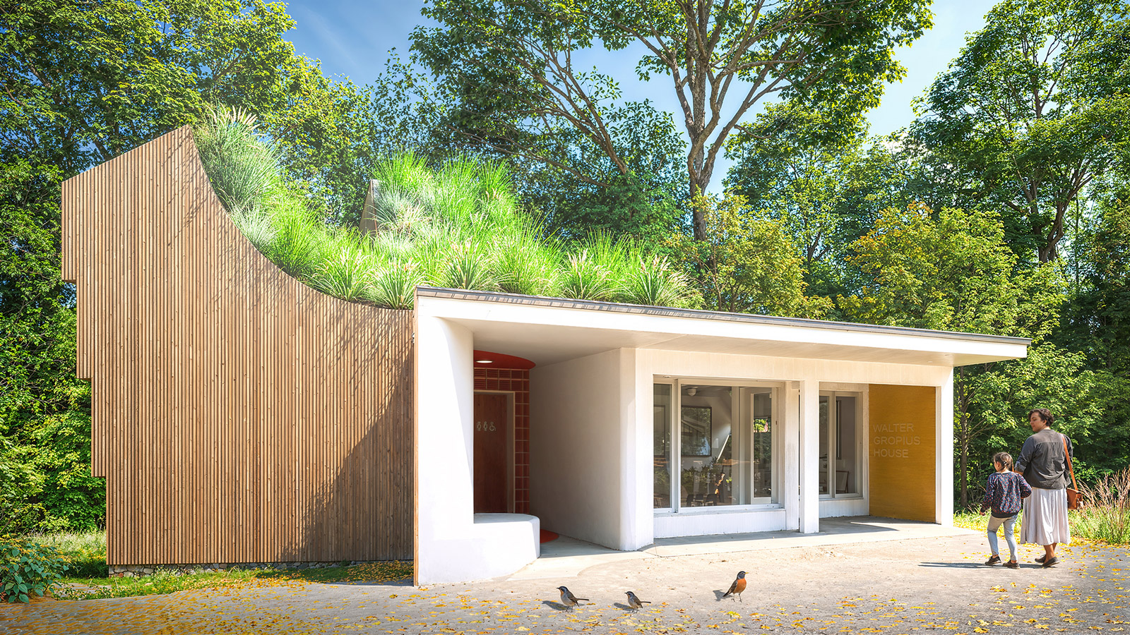 Front rendering of the Gropius House Bathroom extending the historic visitor center.