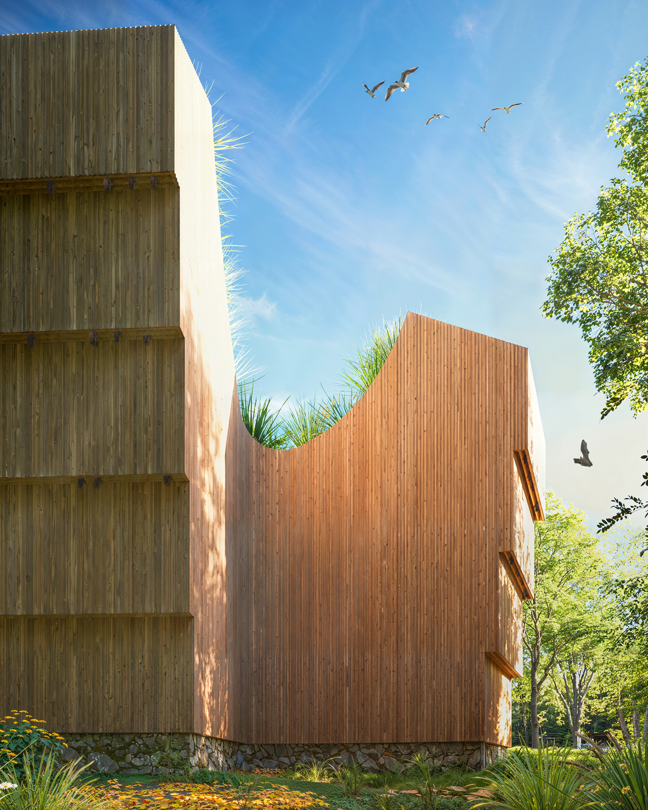 Rendering of integrated bat habitats supporting conservation at the Gropius House Bathroom.