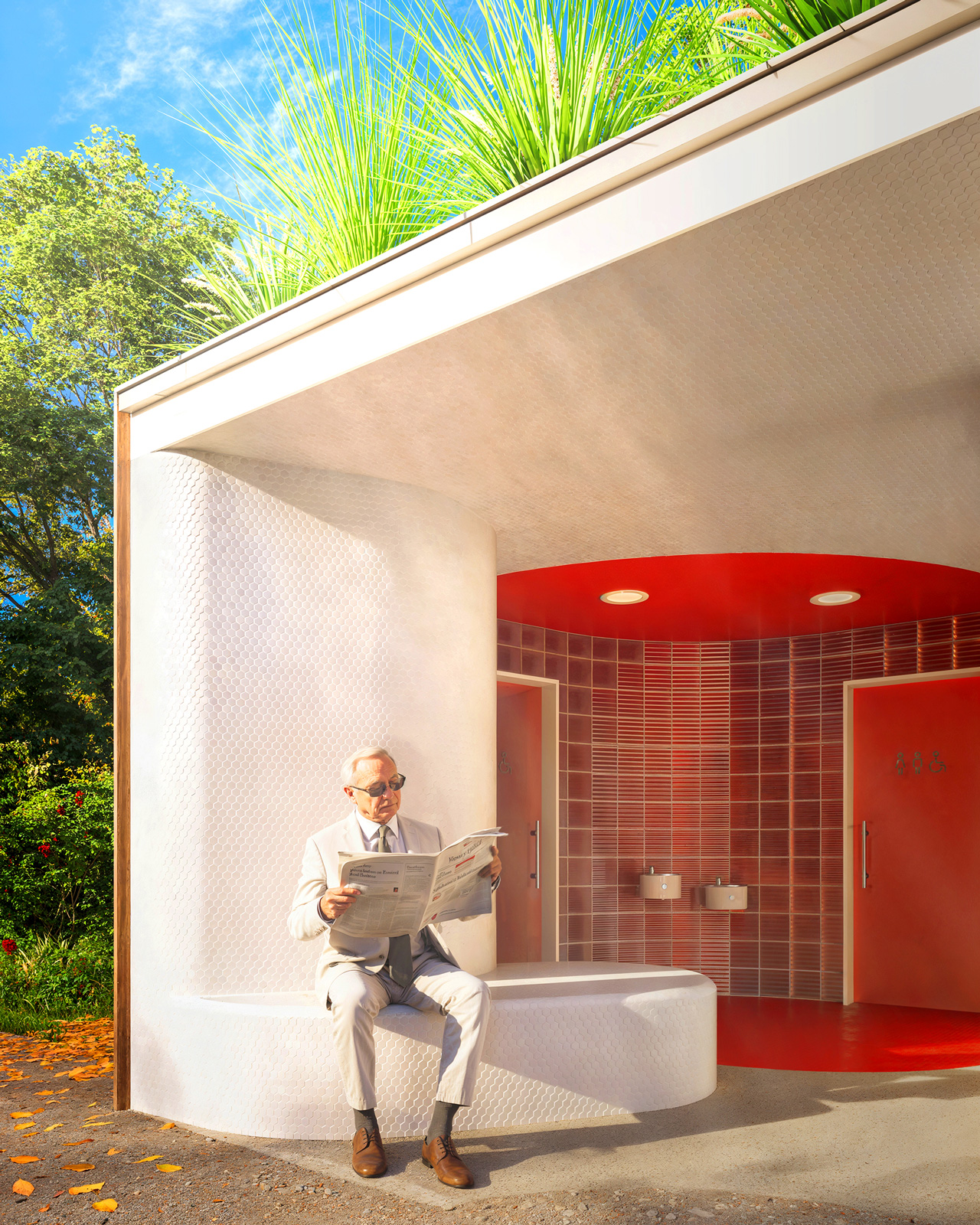 Rendering of the integrated meeting bench at the Gropius House Bathroom gathering space.