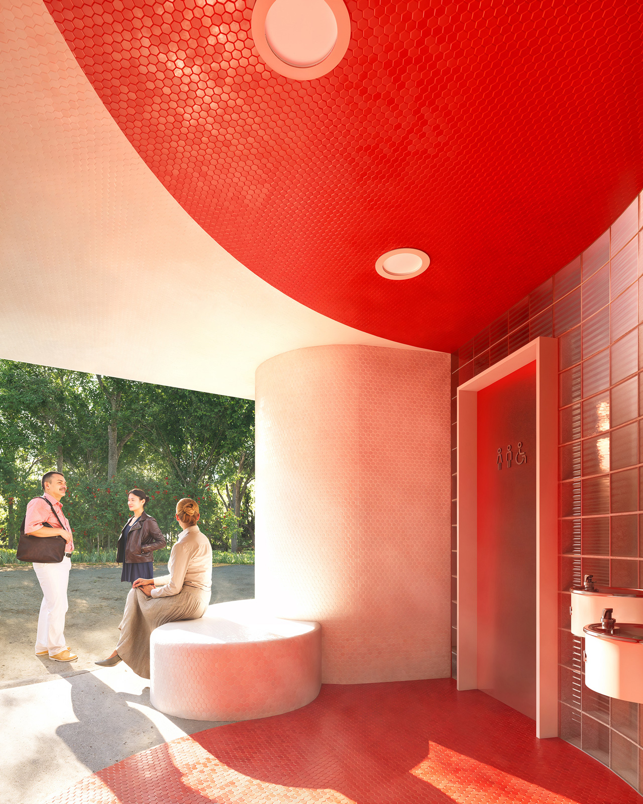 Rendering of graphic red tile connecting gathering spaces in the Gropius House Bathroom.