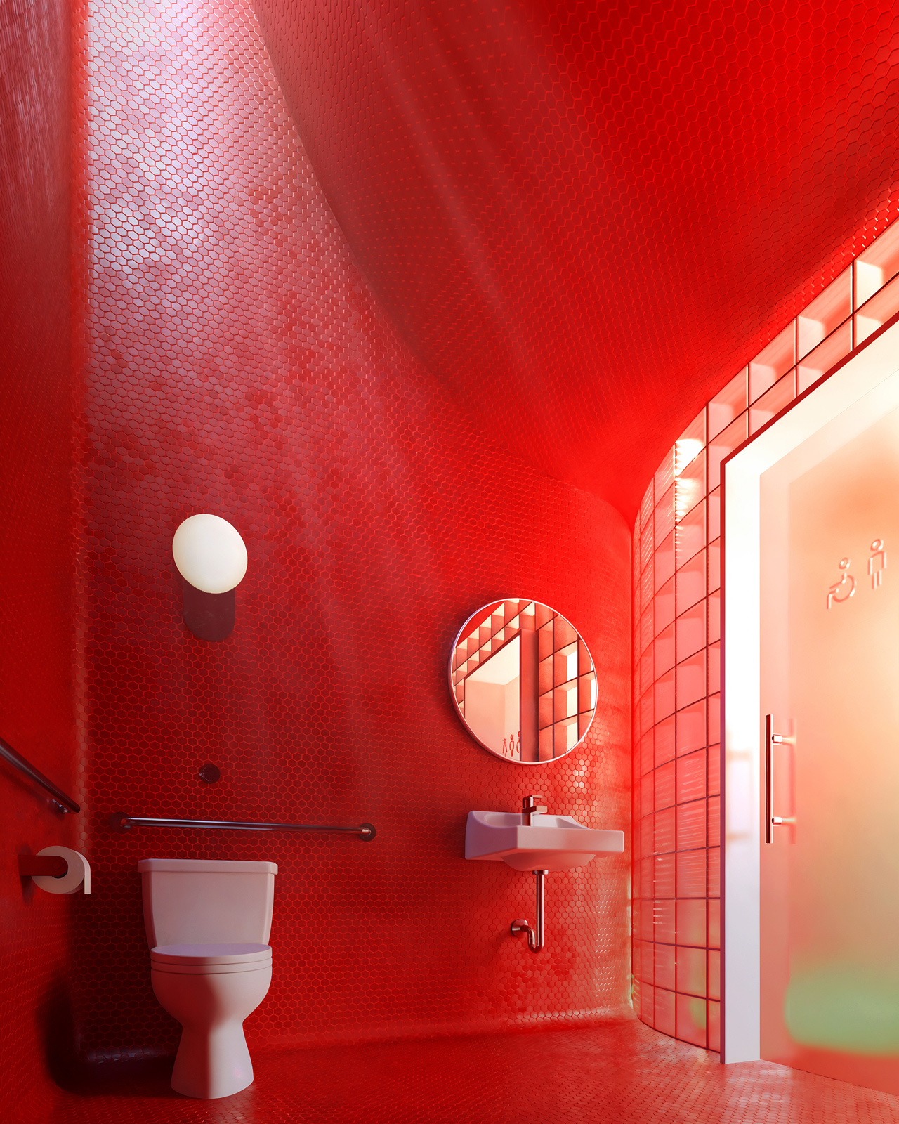 Interior rendering of ADA bathrooms with glass block and tile in the Gropius House Bathroom.
