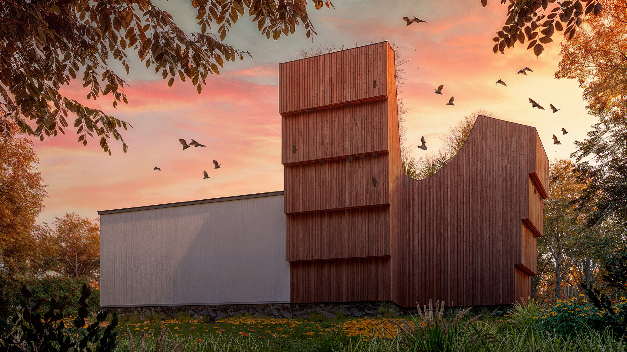 Night rendering showing active bat habitats and ecology at the Gropius House Bathroom.