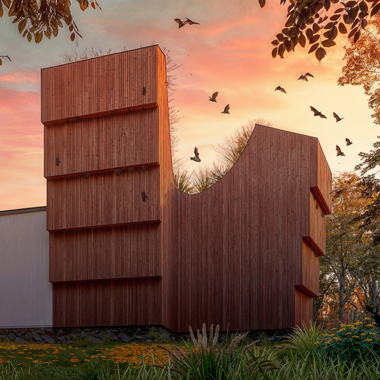 Bathaus is a small hybrid building that expands the visitor center at the Gropius House while simultaneously functioning as an ecologically sensitive bat sanctuary. Integrated directly into the architecture, a series of vertical slot bat habitats are carved into the façade and form.