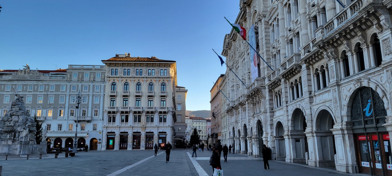 Trieste Piazza as the sun is setting in the winter.