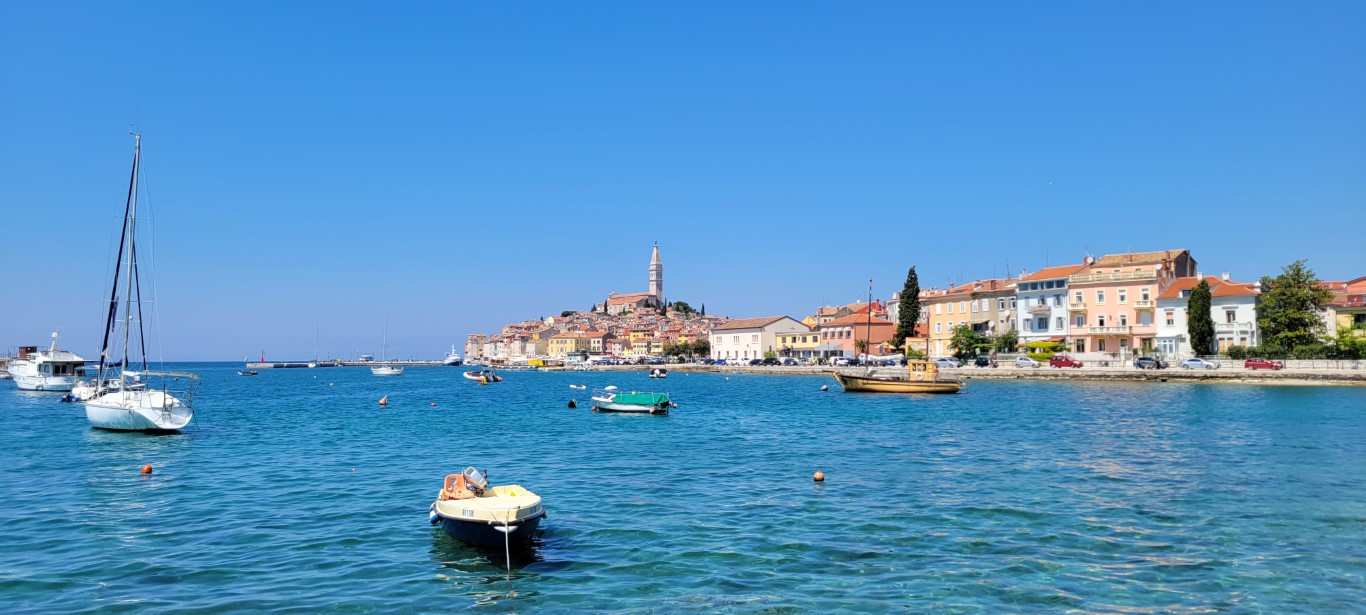 A coastal view of Rovinj, Croatia taken outside of the city. 