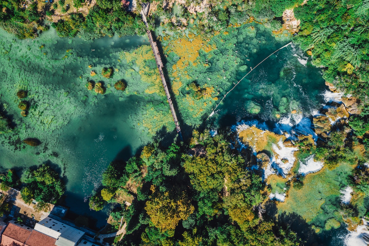 Aerial view of blue and green lakes