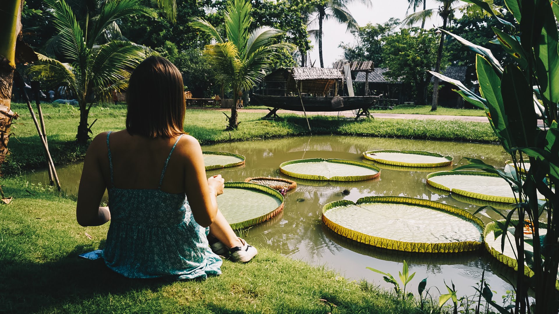 A woman sitting on the edge of a pond with giant lily pads