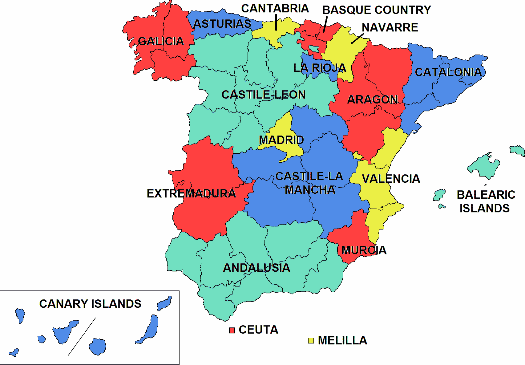 A regional map of Spain color coordinated to show different regions.