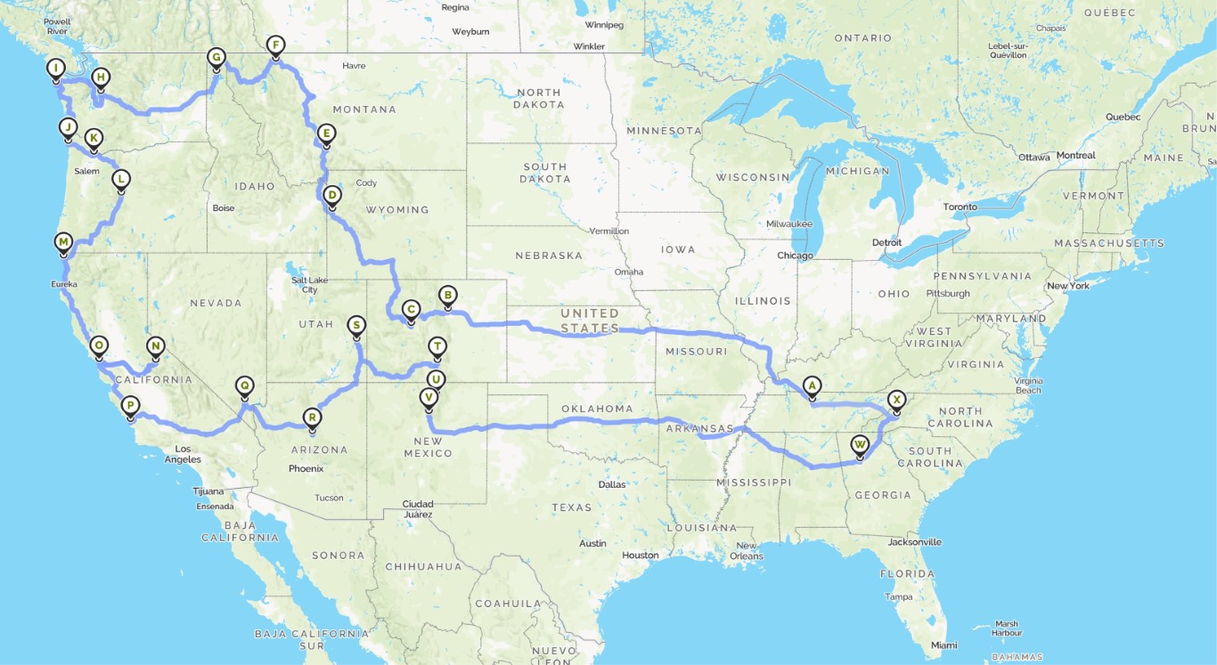 a map of the US with a road trip map highlighted