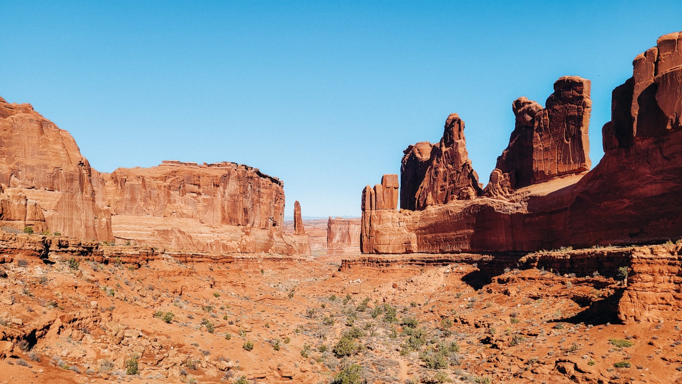 amazing landscape view of red rock formations in Arches National Park