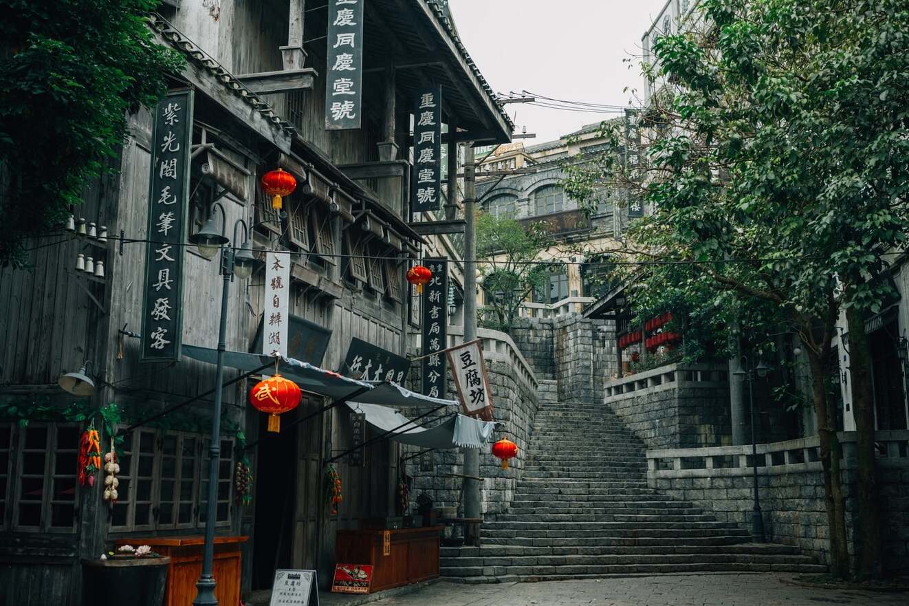 A small and quiet Chinese town during the day with no people around