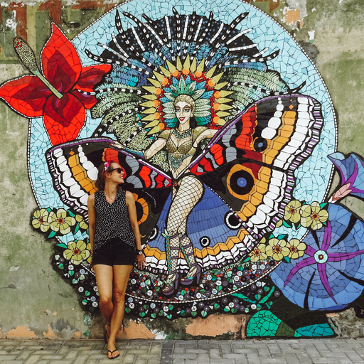A solo female traveler posing in front of a wall mural or a woman with butterfly wings