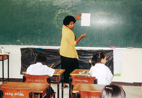 A teacher in Phuket, Thailand teaching students in front of a blackboard