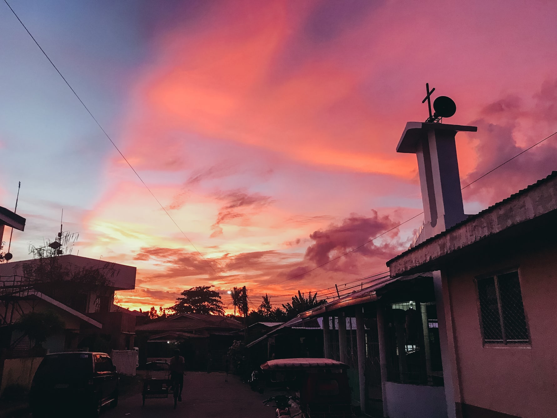 A vibraet red and pink sunset in Tacloban City, Philippines
