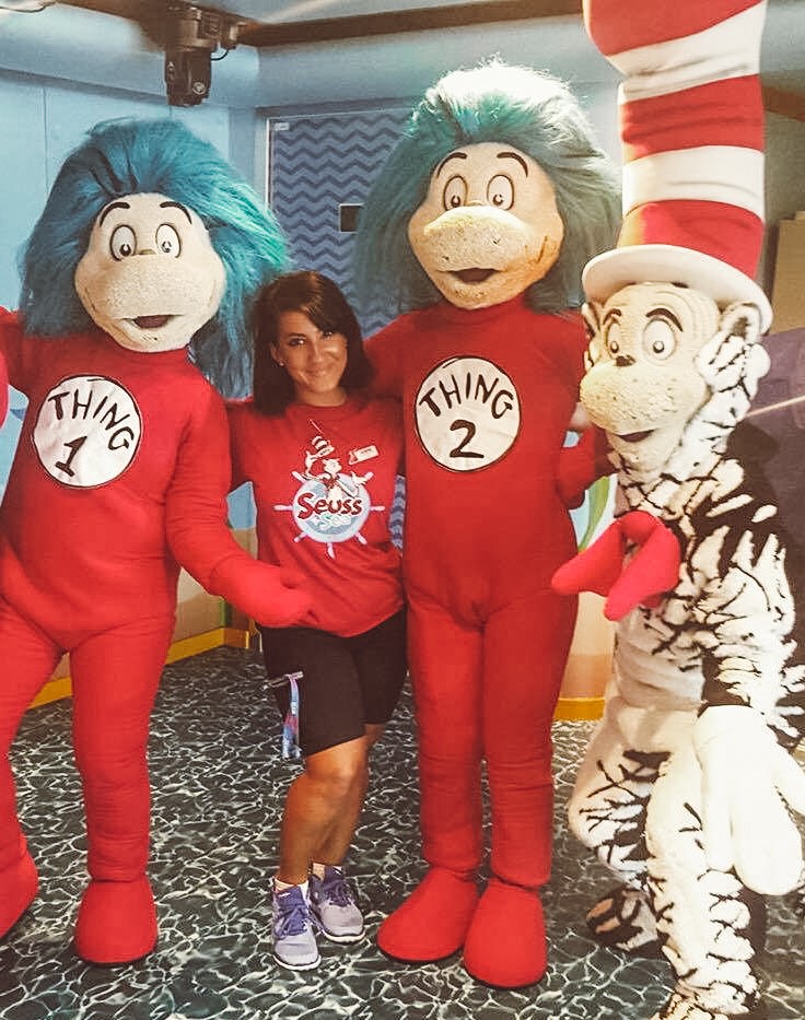 Cruise ship crew dressed up for a Dr. Seuss themed night with Cat in the Hat and Thing 1 and Thing 2