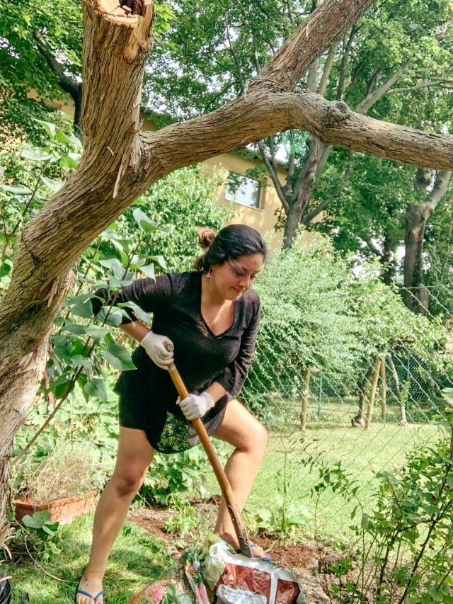 A female volunteer shoveling dirt in a garden in Vienna