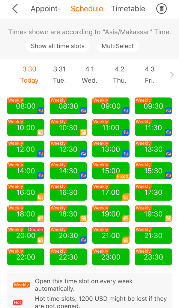 A screenshot of the scheduling page on the English teaching app, PalFish