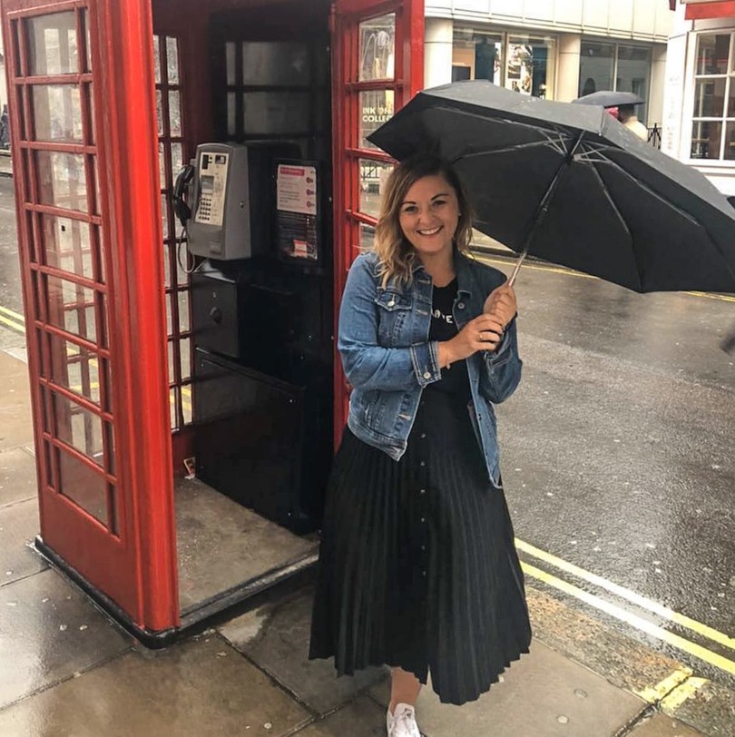 American expat living in London exploring the city in the rain at a red phone booth