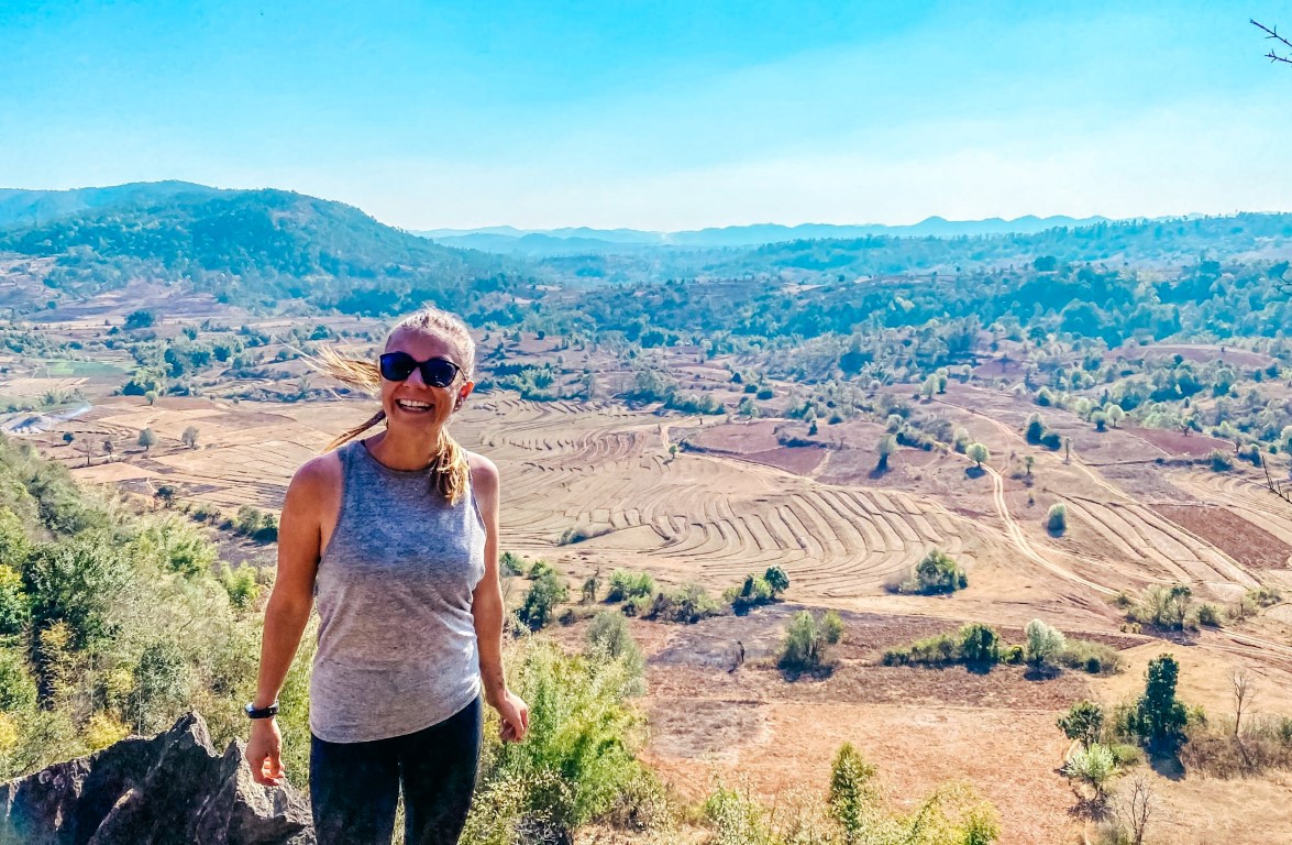 A female virtual assistant taking a break from a busy day to go on a hike
