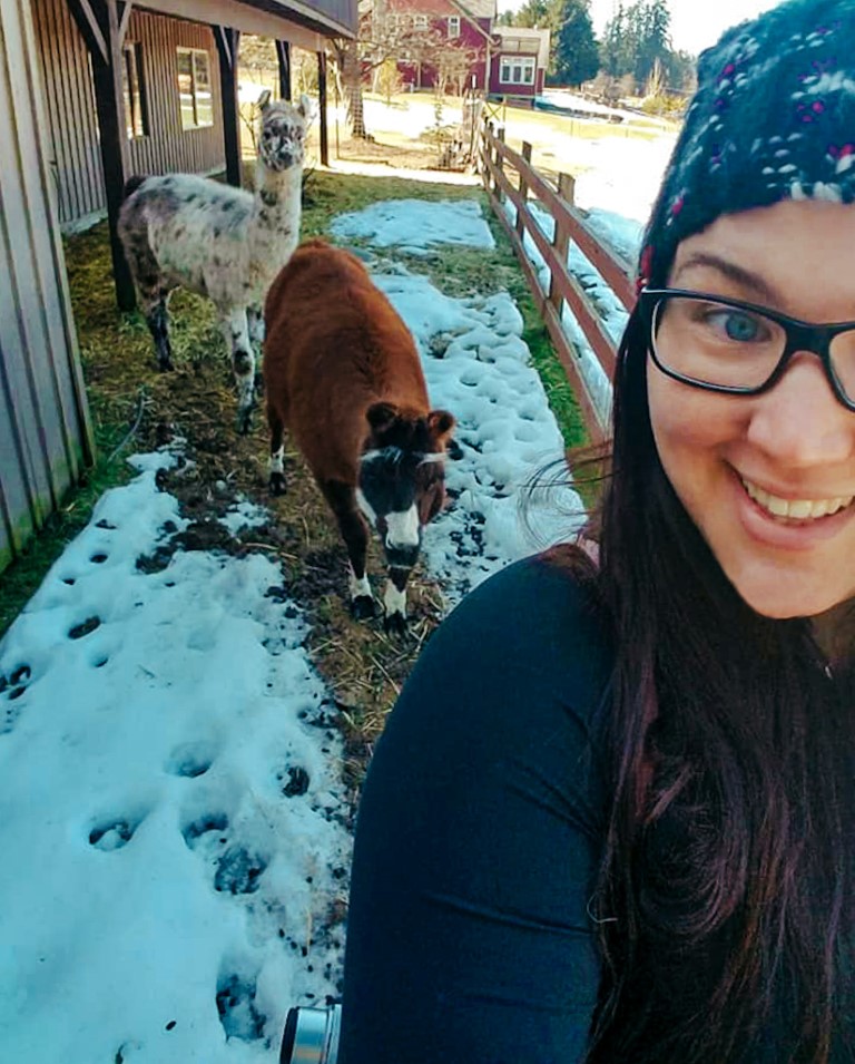 a female housesitter taking care of a pony and a llama in the snow
