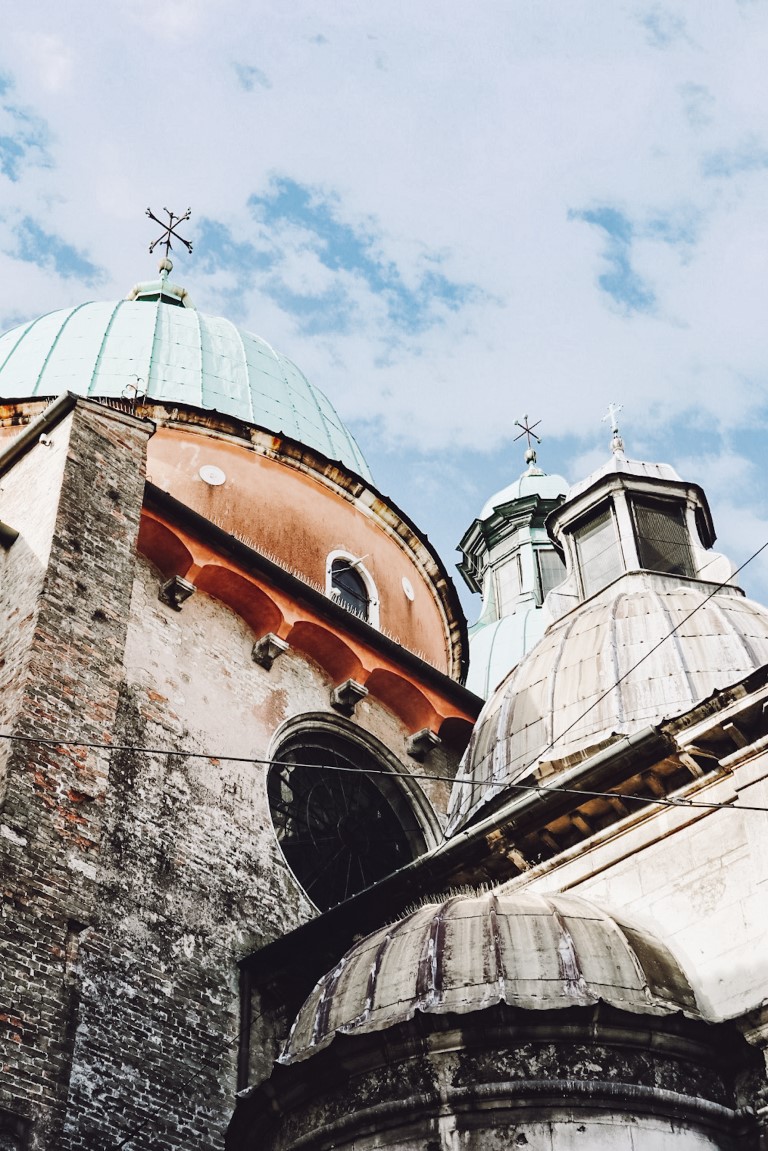 Dome roofs with a blue sky in Treviso, Italy