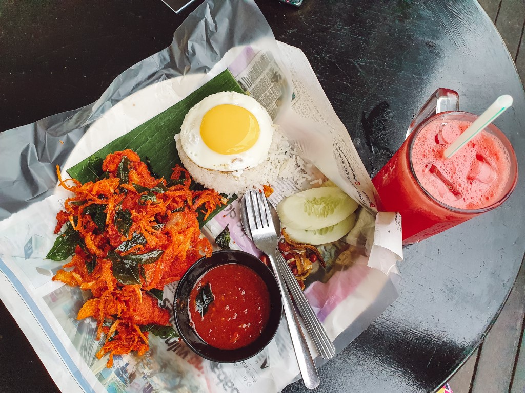 Nasi lemak - national dish of Malaysia at Kedai Mamak Husin in Bukit Bintang