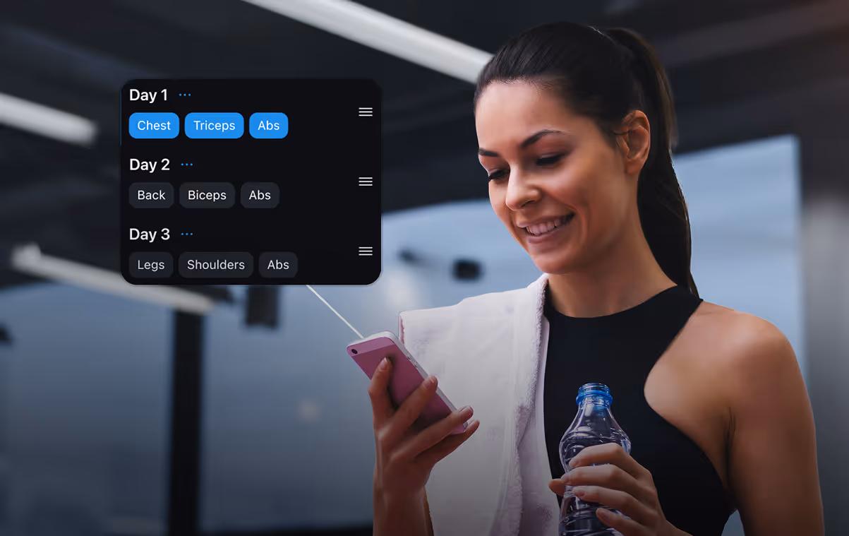 Woman at gym holding water bottle and smartphone with workout schedule showing exercises for Day 1, Day 2, and Day 3.