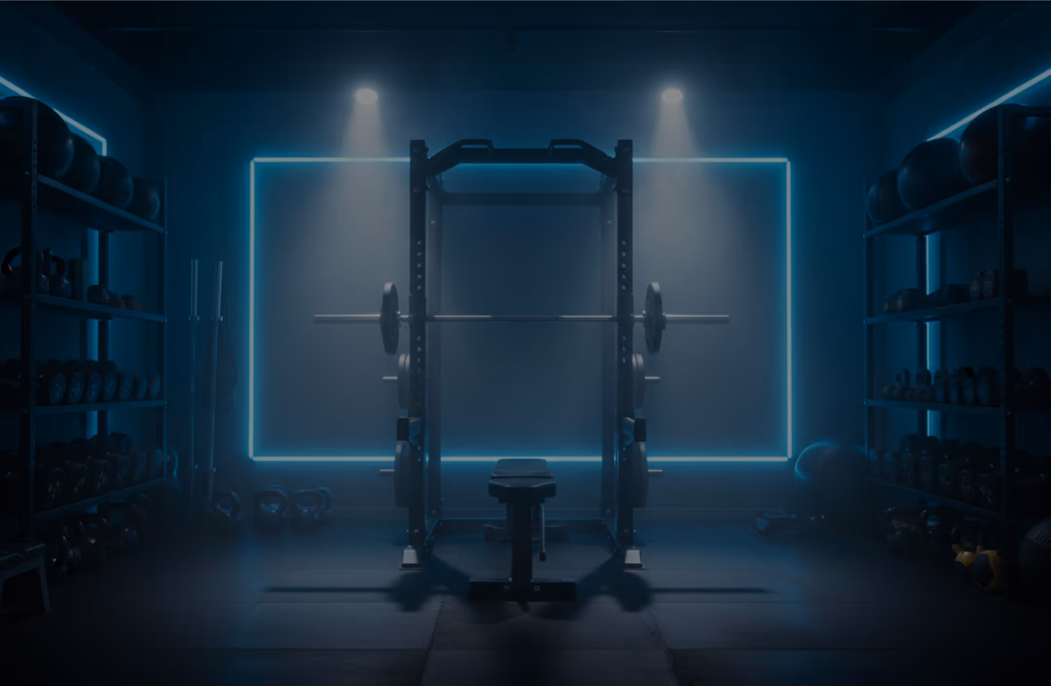 Dimly lit gym with a bench press rack at the center, surrounded by weights and kettlebells on shelves under blue neon lighting.