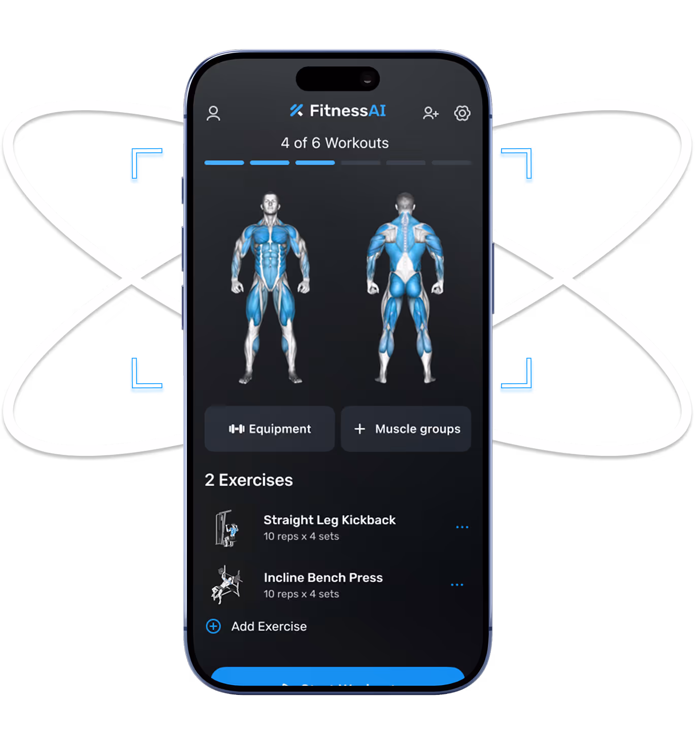 Smartphone screen showing FitnessAI app with 4 of 6 workouts, muscle groups highlighted on front and back human body, and two exercises: Straight Leg Kickback and Incline Bench Press.