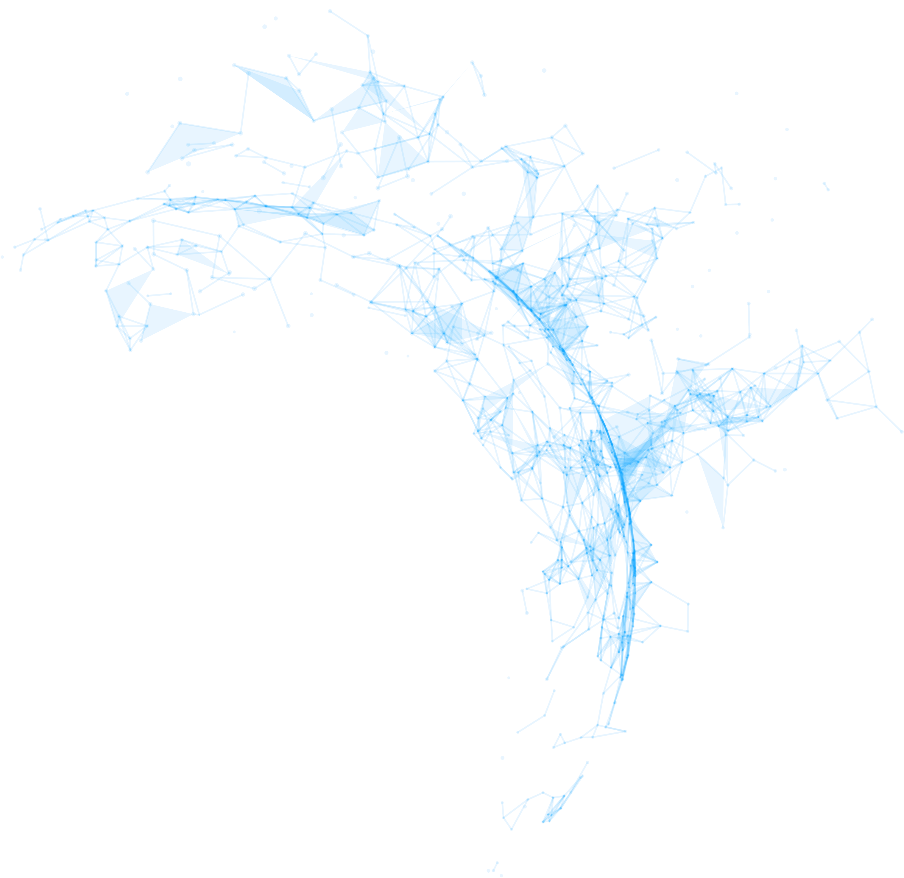 Abstract blue geometric network forming the rough shape of South America on a black background.