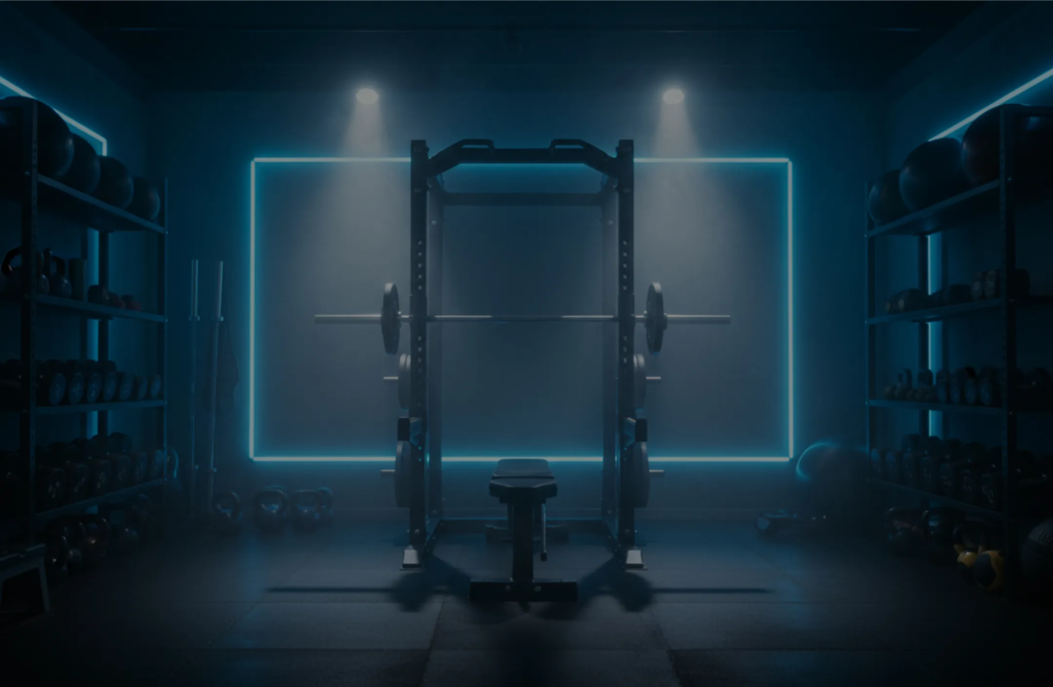 Dimly lit gym with a bench press rack at the center, surrounded by weights and kettlebells on shelves under blue neon lighting.