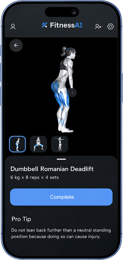 Smartphone screen showing FitnessAI app with 4 of 6 workouts, muscle groups highlighted on front and back human body, and two exercises: Straight Leg Kickback and Incline Bench Press.