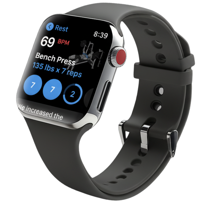 Smartwatch displaying fitness stats including 69 BPM heart rate, bench press 135 lbs x 7 reps, and set counts on a black band.