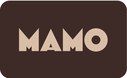 Mamo logo in light beige with a brown background