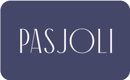 Pasjoli logo in white with a blue background