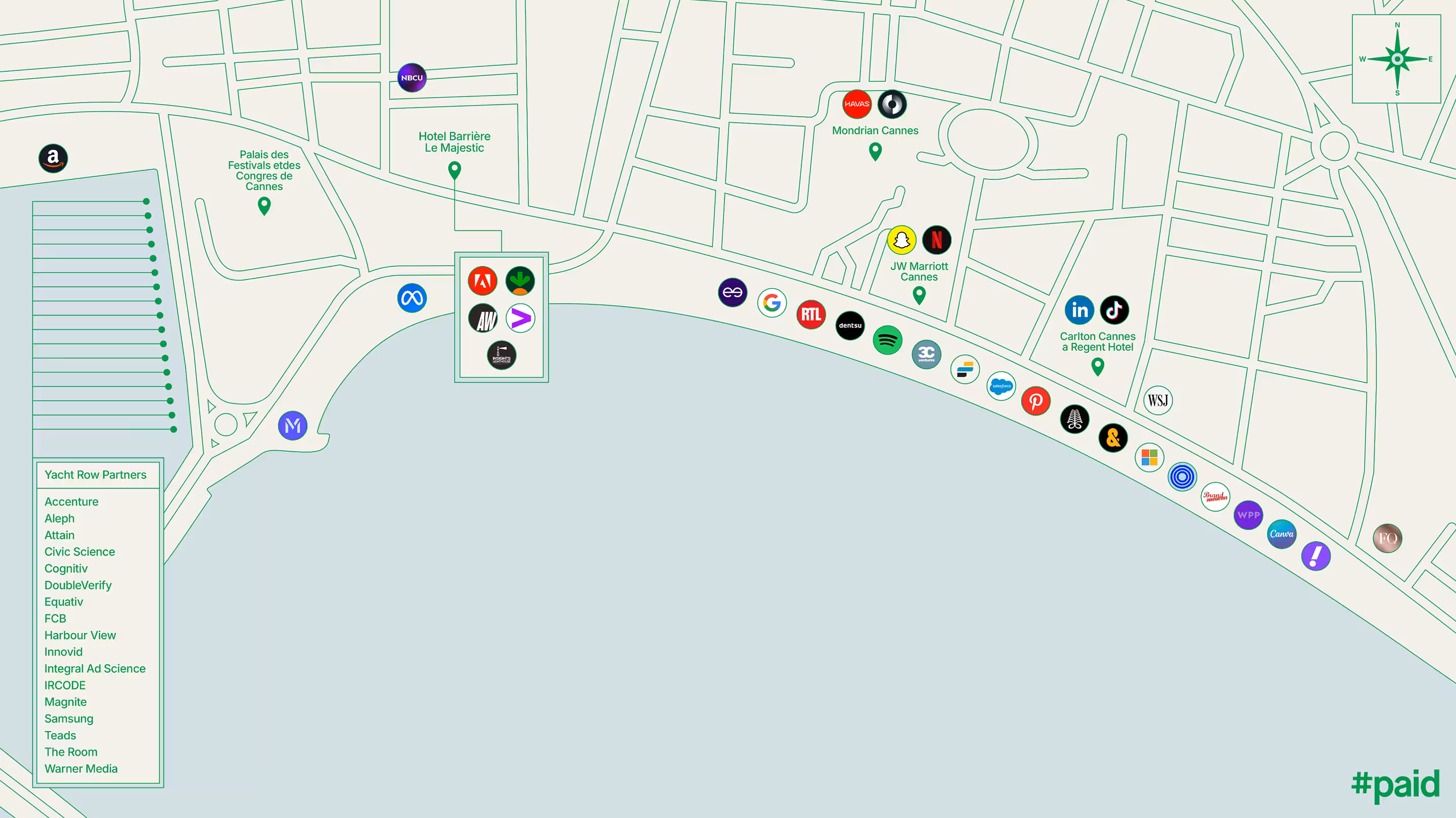 Illustrated map of Cannes featuring major brand activations, hotels, and yacht row partners during the Cannes Lions festival.