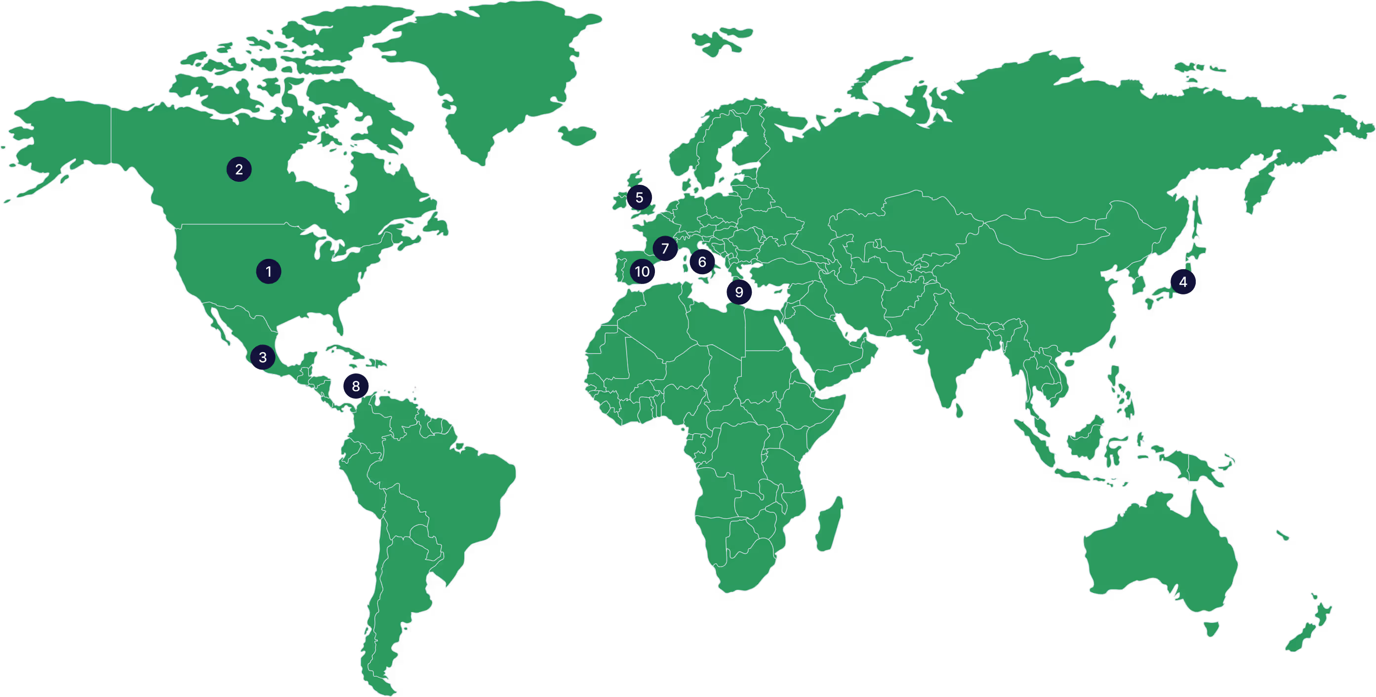 Simplified world map in green with numbered dark blue markers highlighting ten locations across North America, Europe, Asia, and Central America.