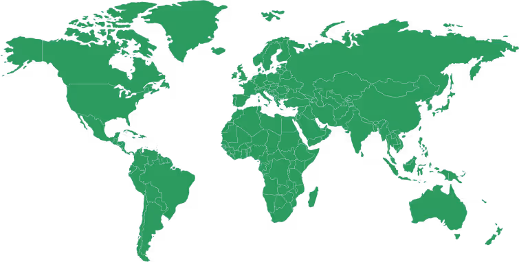 Simplified green world map displaying continents and country borders.