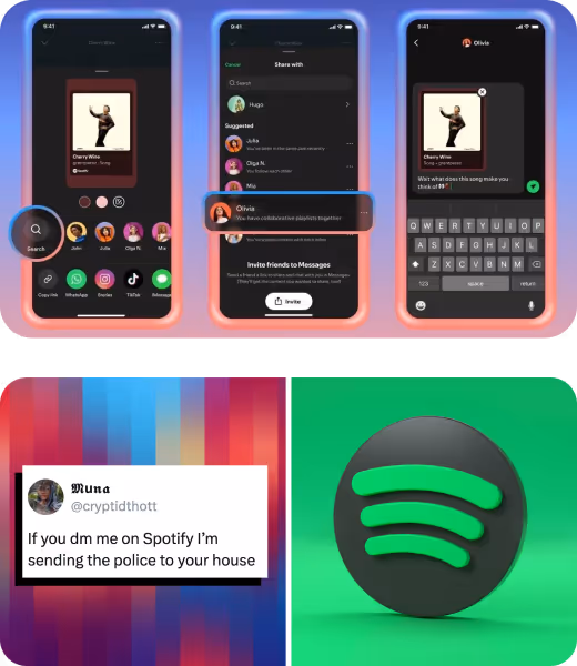 Three smartphone screens showing sharing a Spotify song named 'Cherry Wine' with a friend named Olivia via messaging, and a tweet warning not to DM the user on Spotify, alongside the Spotify logo.