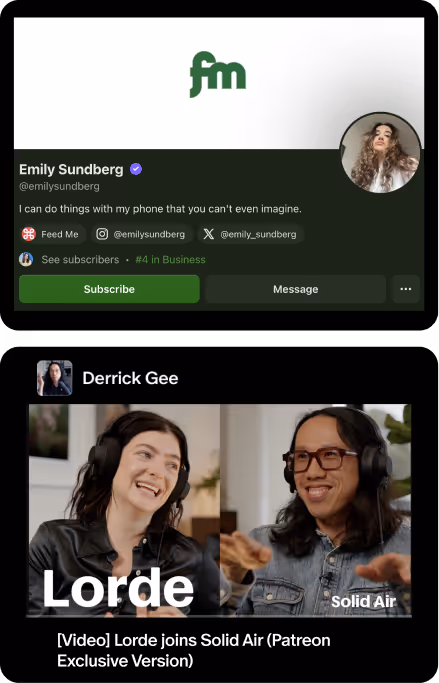 Emily Sundberg's Feed Me profile with bio and subscription options above a podcast episode thumbnail showing Derrick Gee with images of Lorde and a man in headphones for 'Lorde joins Solid Air'.