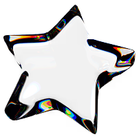 Shiny black star-shaped object with reflective colorful highlights on a transparent background.
