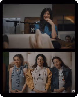Two images: Top shows a woman smiling and speaking into a microphone on a couch; bottom shows three young women sitting side by side on a couch.