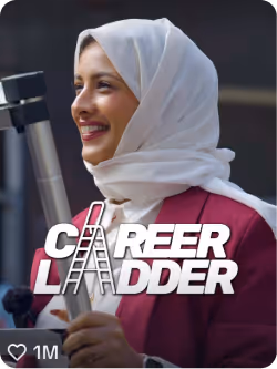Smiling woman wearing a white hijab and maroon jacket holding a tripod with the overlaid text 'Career Ladder'.