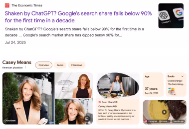 Screenshot showing a news headline from The Economic Times about Google's search share falling below 90%, alongside profile cards of Casey Means, an American physician, with her photos and information about her work and books.