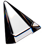 Black and white glass pyramid with prismatic reflections on a black background.