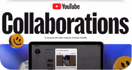 YouTube Collaborations text with smiley face emojis and a screenshot of a social media collaboration interface.