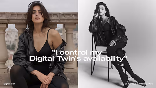 Side-by-side images of a woman in a black outfit and leather jacket; the right image is black and white with text saying 'I control my Digital Twin's availability' and credit to Jill.